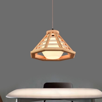 Beige/Red Brown 1 Head Pendant Lamp Rural Style Wood Conical Suspension Lighting for Restaurant, 13