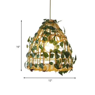 Bell Cage Bamboo Ceiling Pendant Countryside 1 Head Bistro Plant Suspension Light in Beige