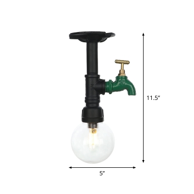 Black 1 Head Semi Flush Mount Light Vintage Clear Glass Sphere LED Flush Ceiling Lamp Fixture