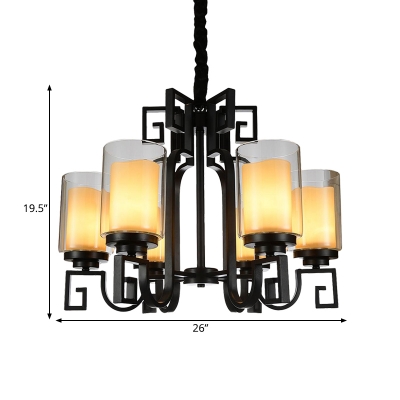 Black 6-Bulb Ceiling Chandelier Traditional Style Clear Glass Cylinder Hanging Pendant with Curvy Arm