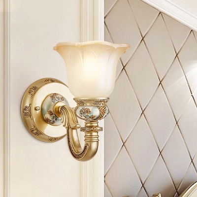 Bloom Bedroom Wall Mount Light Pastoral Style Frosted Glass 1 Light Gold Wall Sconce Lighting with Curved Arm