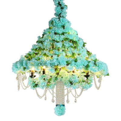 Blue Cone Cage Pendant Chandelier Antique Iron 6-Head Restaurant Flower Hanging Lamp with Crystal Draping