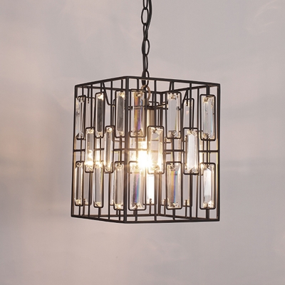 Brass 1-Light Hanging Lamp Loft Style Metal Cuboid Cage Pendant Lighting with Embedded K9 Crystal Rod