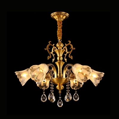 Brass 6 Lights Chandelier Lamp Modern Frosted Glass Flower Suspension Light with Crystal Drop
