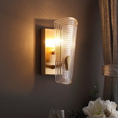 Brass Single Sconce Light Minimalist Transparent Grid Glass Shield Wall Mount Lamp
