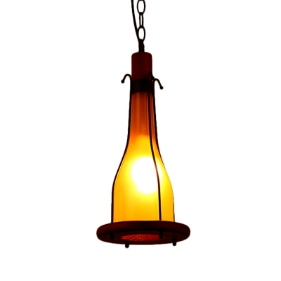 Brown Bottle Drop Pendant Factory Yellow Glass 1 Light Dining Room Hanging Light Fixture with Wood Base