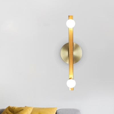 Brushed Gold Linear Wall Sconce Postmodern 2 Heads Metal Wall Mounted Light with Open Bulb Design
