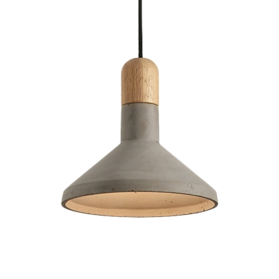 Cement Flared Ceiling Pendant Light Antiqued 1-Light Shop Hanging Lamp Fixture in Grey and Wood