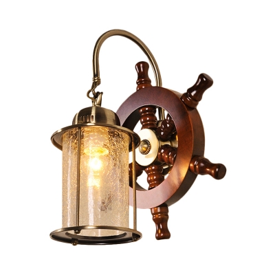 Clear Crackle Glass Cylinder Wall Mounted Light Vintage 1-Light Bedroom Wall Lighting Ideas in Gold with Wood Rudder