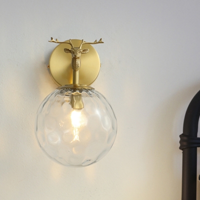 Clear Hammered Glass Ball Sconce Simple 1 Head Corner Wall Mounted Light with Elk Element in Brass