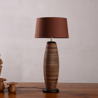 Coffee Elongated Striped Table Light Modern Style 1 Bulb Wood Night Lamp with Tapered Drum Shade