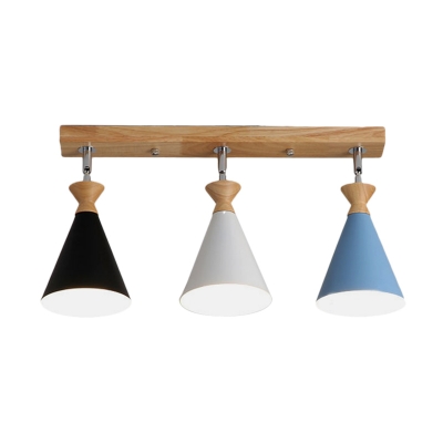 Cone Semi Flush Mount Light Macaron Iron 3 Lights Black-White-Blue Flush Lamp with Wood Linear Canopy