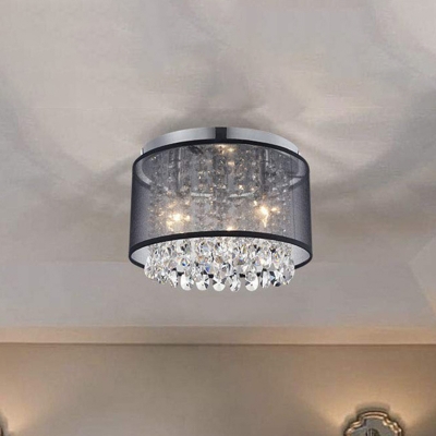 Contemporary Cascade Flush Mount 3 Lights Crystal Ceiling Light in Chrome with Drum Fabric Shade