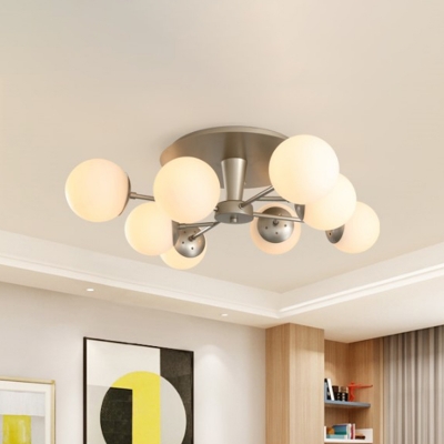 Contemporary Sphere Semi Flush Mount Light Opal Glass 8 Heads Living Room Flush Lamp in Silver/Rose God