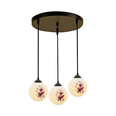 Country Sphere Multi Hanging Light Fixture 3-Light White Glass Pendant Lamp with Flower Pattern, Round/Linear Canopy