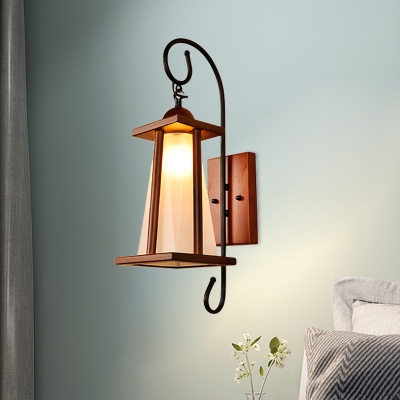 Country Tapered Wall Sconce 1 Light Cream Glass Wall Lighting Ideas in Brown with Wood Square Frame