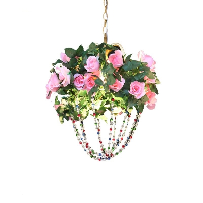 Crystal Bead Pendant Ceiling Light Industrial Style 1 Head Restaurant Suspension Lamp with Artificial Flower in Pink/Green