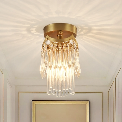 Crystal Drop 2 Tiers Semi Mount Lighting Modernist 1 Bulb Bedroom Ceiling Flush Light in Brass