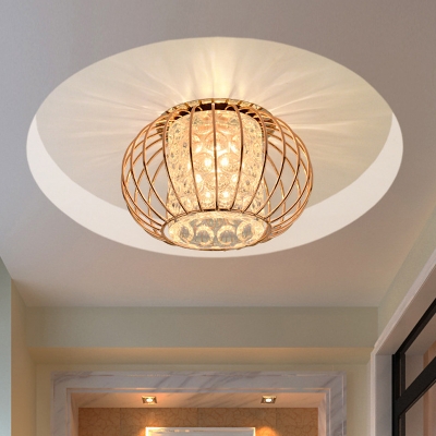 Cylinder Porch Ceiling Light Modern Clear Crystal LED Gold Flush Mount with Globe Cage