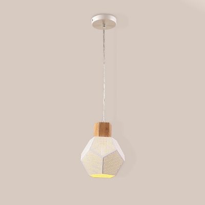 Faceted Bottle Iron Pendant Lighting Minimalist 1 Bulb White Ceiling Suspension Lamp with Mesh Screen and Wood Top