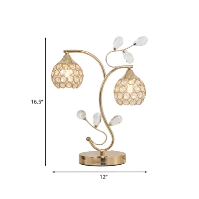 Faceted Crystal Orb Table Light Traditional 2 Heads Bedroom Night Lamp in Gold with Branch Design