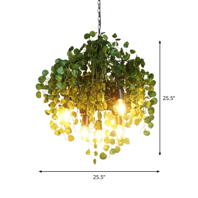 Farmhouse Open Bulb Chandelier Lamp 6 Heads Iron Down Lighting Pendant in Green with Artificial Plant