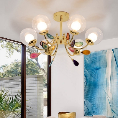 Globe Bedroom Hanging Lighting Clear Glass 6/8 Lights Modernist Pendant Chandelier in Gold with Agate Deco