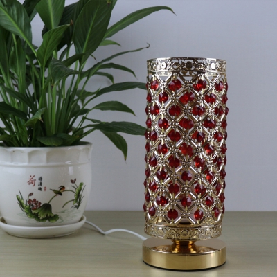 Gold Cylindrical Table Lamp Modernist Red Opulent Inlaid Crystal 1 Bulb Bedroom Night Light