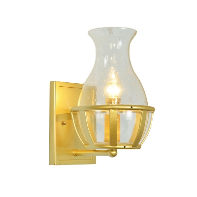 Gold Finish Vase Wall Mount Light Designer 1 Bulb Clear Glass Wall Lamp Sconce with Basket Base
