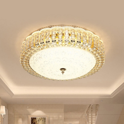 Ivory Glass Circular Flush Light Modern LED Living Room Flush Mount in Gold with Crystal