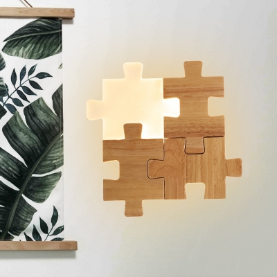 Jigsaw Puzzle Shape Flush Wall Sconce Nordic Wood LED Beige Wall Mounted Light in White/Warm Light