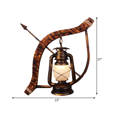 Lantern Corridor Wall Lamp Farmhouse Frosted Glass 1-Light Bronze Sconce Lighting Fixture with Wood Bow and Arrow Deco