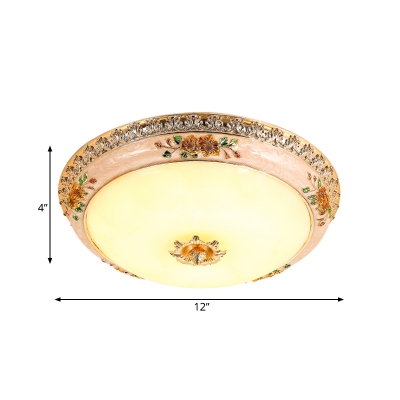 LED Flush Mount Country Style Bowl Shade Opal Glass Close to Ceiling Lamp in Gold with Resin Petal Design