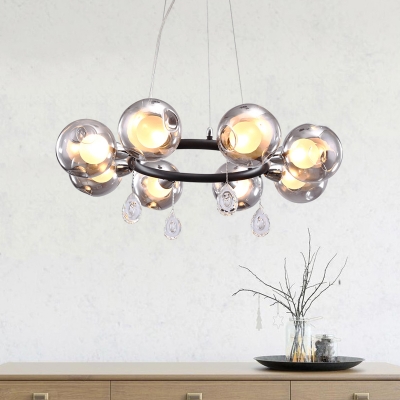 Modern 8 Heads Chandelier Light Black Circular Hanging Lamp with Orb Smoke Dimpled Glass Shade