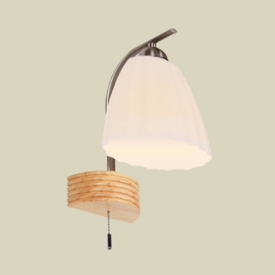 Modern Flared Wall Light Fixture Milk White Prismatic Glass 1 Head Corner Sconce Lamp with Pull Chain and Ribbed Wood Backplate