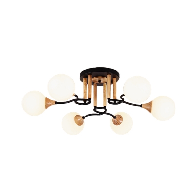 Modernism Sphere Semi Flush Light Fixture Opal Glass 3/6 Lights Dining Room Ceiling Mounted Lamp in Black and Wood