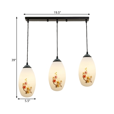 Oval Dining Room Cluster Pendant Light Pastoral Style White Glass 3-Light Black Finish Flower Pattern Hanging Lighting with Round/Linear Canopy