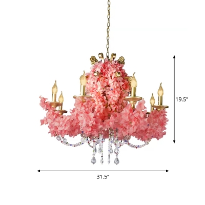 Pink Candle Ceiling Chandelier Warehouse Iron 8 Lights Restaurant Flower Hanging Lamp with Crystal Drop