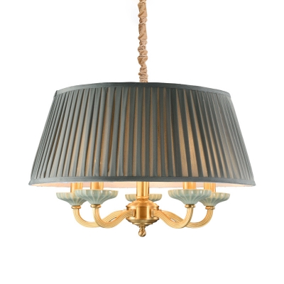Pleated Drum Dining Room Pendant Lamp Traditional Fabric 5-Light Grey Hanging Chandelier