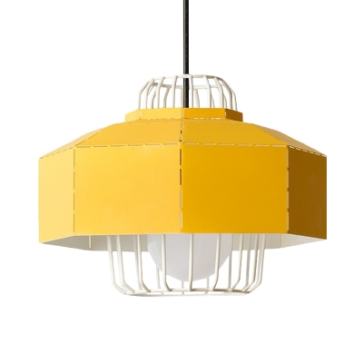 Polygon Drop Pendant Light Macaron Iron 1 Light Grey/Pink/Yellow Finish Suspension Lamp with Cage