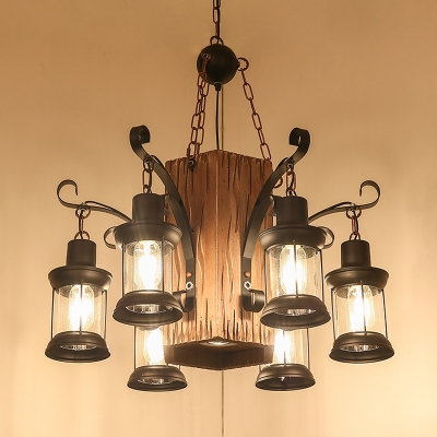 Retro Lantern Ceiling Lamp 6 Heads Clear Glass Chandelier Pendant Light in Black with Wood Rectangle Deco