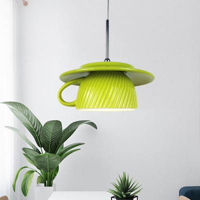 Ribbed Coffee Cup Pendant Light Fixture Nordic Ceramics 1 Light Grey/Green/Dark Blue Hanging Ceiling Lamp