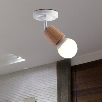 Rotatable Mini Ceiling Lamp Nordic Wood 1 Bulb Foyer Semi Mount Lighting in White with Open Bulb Design
