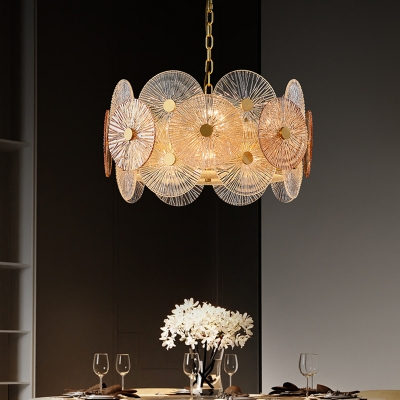 Round Panel Ceiling Chandelier Modernism Clear Ribbed Glass 8/12-Bulb Gold Hanging Light Kit with Drum Design