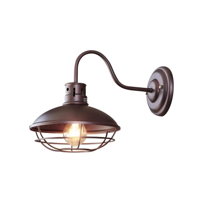 Saucer Restaurant Sconce Lamp Fixture Industrial Iron 1 Light Black/Coffee Finish Wall Mounted Light with Cage