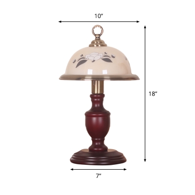Urn Wood Nightstand Light Vintage 1 Light Bedside Night Lamp with Saucer Beige Printing Glass Shade
