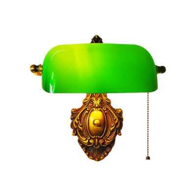 Vintage Shaded Pull-Chain Wall Lamp Single-Bulb Green Glass Sconce Light Fixture for Bedroom