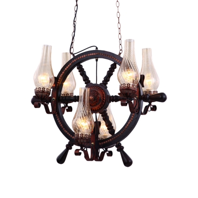 Vintage Vase Shaped Pendant Chandelier 6-Head Clear Water Glass Hanging Lamp Kit with Wood Rudder Deco