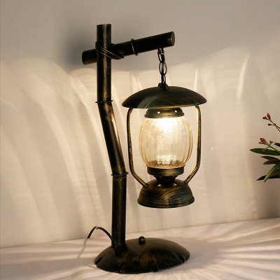 Warehouse Kerosene Desk Lamp 1-Bulb Clear Ribbed Glass Table Lighting in Brass with Metal Scalloped Base