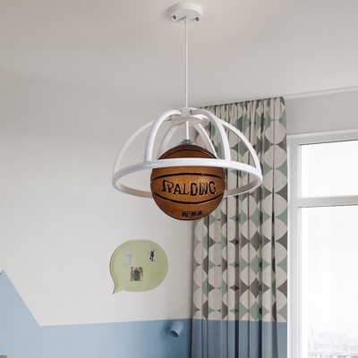 White Dome Cage Ceiling Pendant Kid Acrylic LED Hanging Lamp with Basketball Drop, Warm/White Light